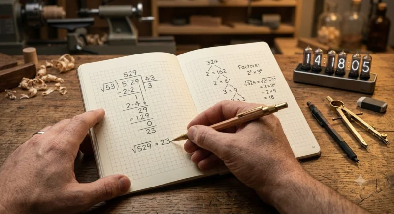 Step-by-step manual square root calculation using long division method and prime factorization
