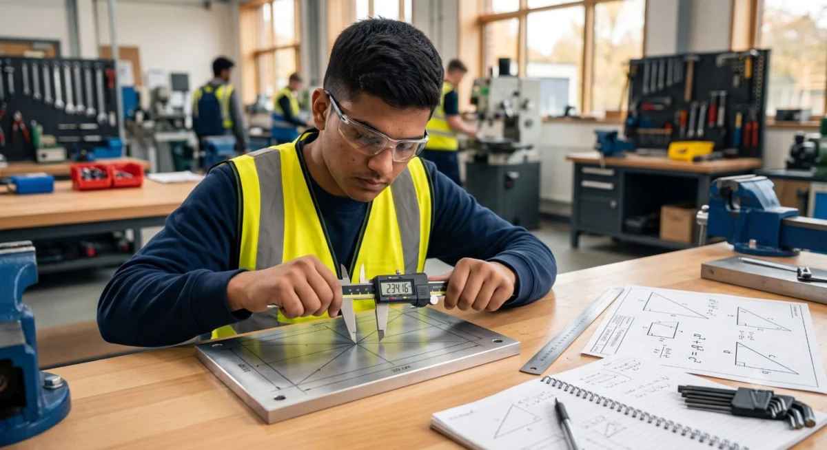 ITI student calculating square roots and diagonal measurements in workshop calculation and science
