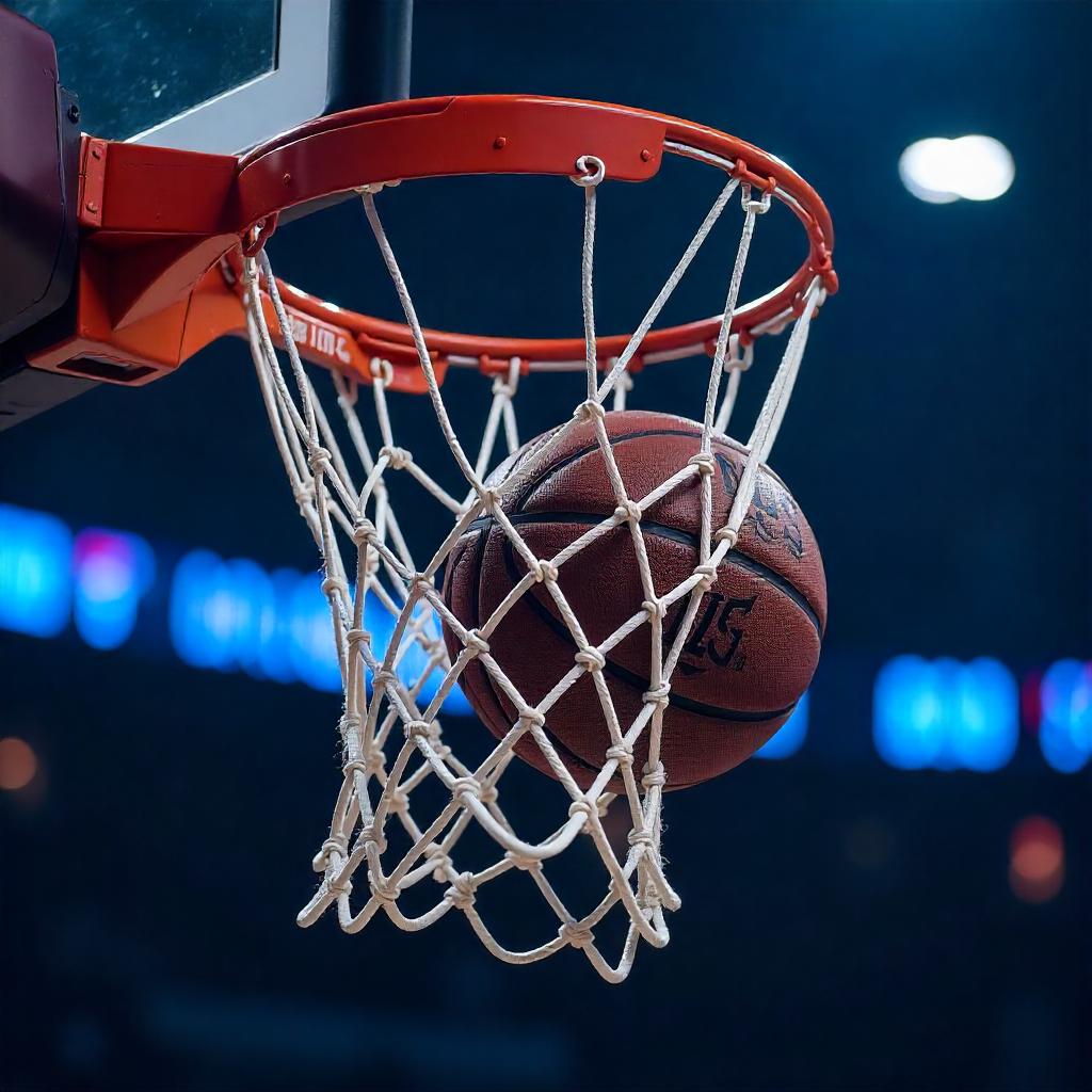 Basketball swishing through an NBA net. Basketball swishing through an NBA net.