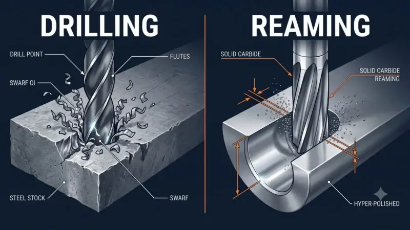 Drilling Versus Precision Reaming Mechanics Layout Technical graphic comparing the structural mechanics of a rough drilling operation versus high-tolerance precision reaming on metal stock.
