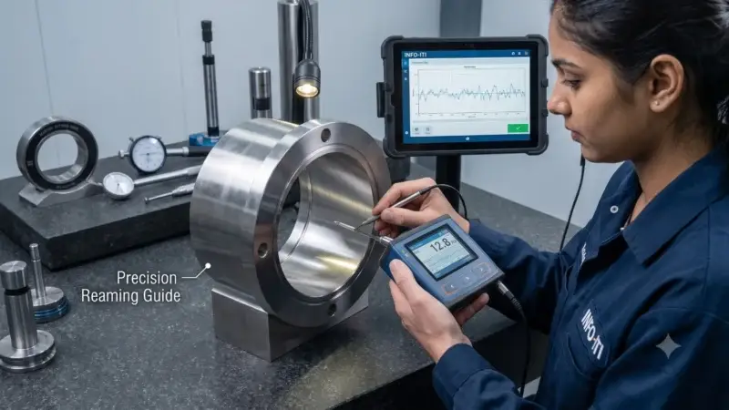 Surface Roughness Metrology Inspection A close-up photograph showing a machinist using an electronic stylus surface profilometer to inspect and map the internal finish texture and Ra roughness of a newly reamed high-tolerance stainless steel cavity.
