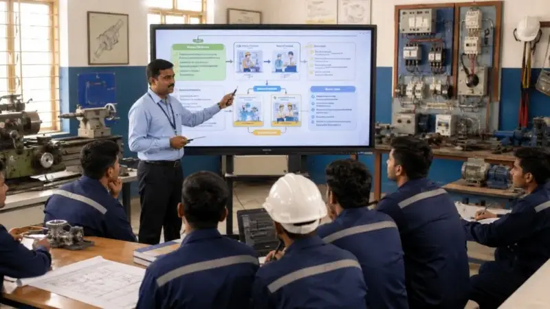 ITI Junior Instructor Eligibility and Qualification Criteria ITI Junior Instructor eligibility criteria showing engineering degree, diploma, CITS certification, and industrial experience requirements in a modern vocational training institute.