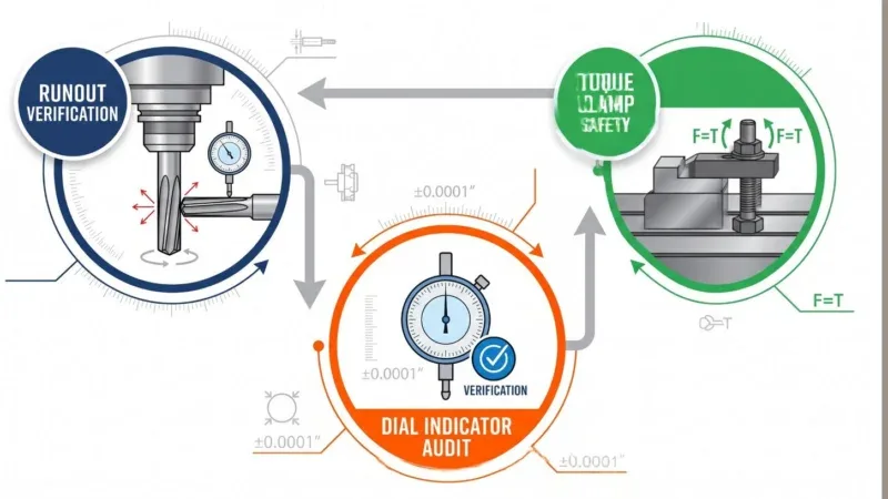 Spindle Alignment & Clamping Flowchart A technical graphic loop flowchart illustrating the machine spindle alignment sequence, including Runout Verification, Dial Indicator Audit for concentricity, and Torque Clamp Safety protocols.