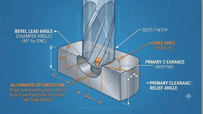 Precision Reamer Tool Geometry Angles Explained A detailed technical vector diagram illustrating critical precision reamer tool geometry, including Bevel Lead Angle, Rake Angle, and Primary Clearance Relief definition for industrial machining.