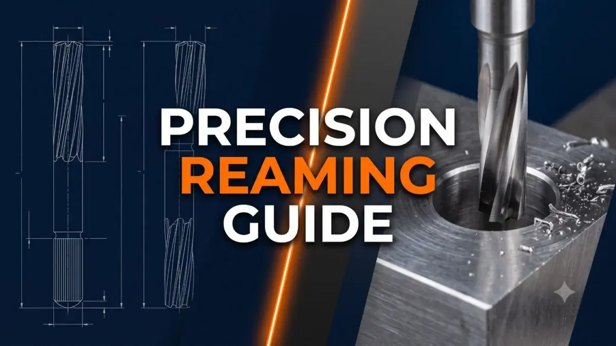 Premium featured image banner for the precision reaming guide highlighting manufacturing blueprint vectors and automated high-tolerance hole finishing.