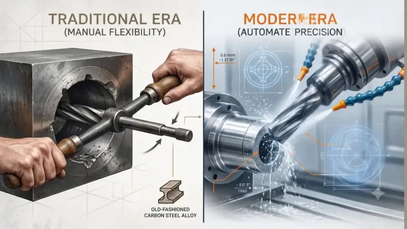 Traditional Era Vs Modern Automated Reaming A high-contrast split illustration comparing traditional manual reaming using tactile feel versus a modern automated CNC reaming setup with integrated high-pressure coolant flushing and solid carbide tooling.