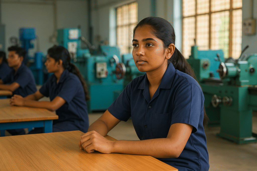 A rural Indian girl attending class in an upgraded ITI lab with machinery.