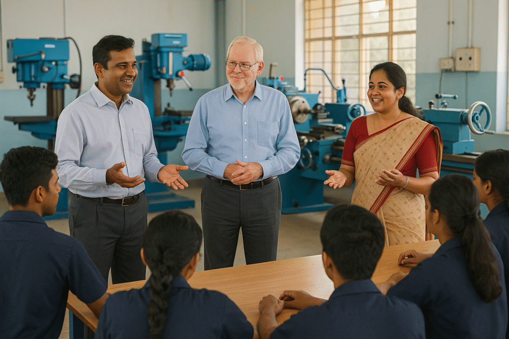 A hub ITI with industry professionals teaching students, showing collaboration.