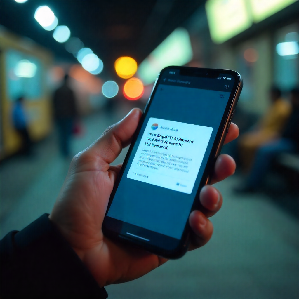 "New: West Bengal ITI 2nd Allotment List Released!" A smartphone screen with a push notification saying "New: West Bengal ITI 2nd Allotment List Released!" A hand is reaching out to tap on the notification. The setting is a casual one, like a bus stop or a college canteen, showing the spontaneity of checking results.