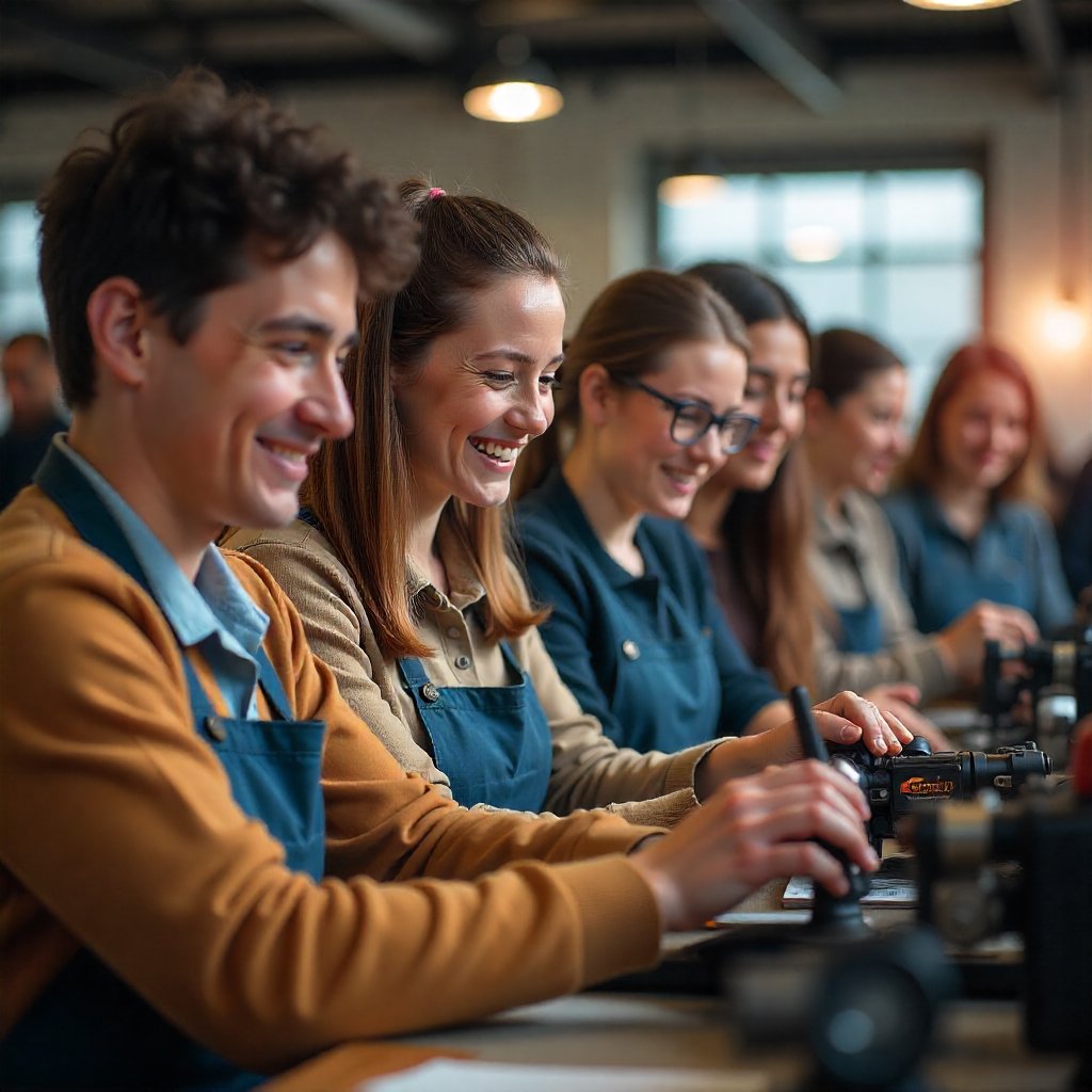 A group of diverse, happy students (male and female) are seen in an ITI workshop. They are smiling and interacting with a piece of machinery or a project. A group of diverse, happy students (male and female) are seen in an ITI workshop. They are smiling and interacting with a piece of machinery or a project.