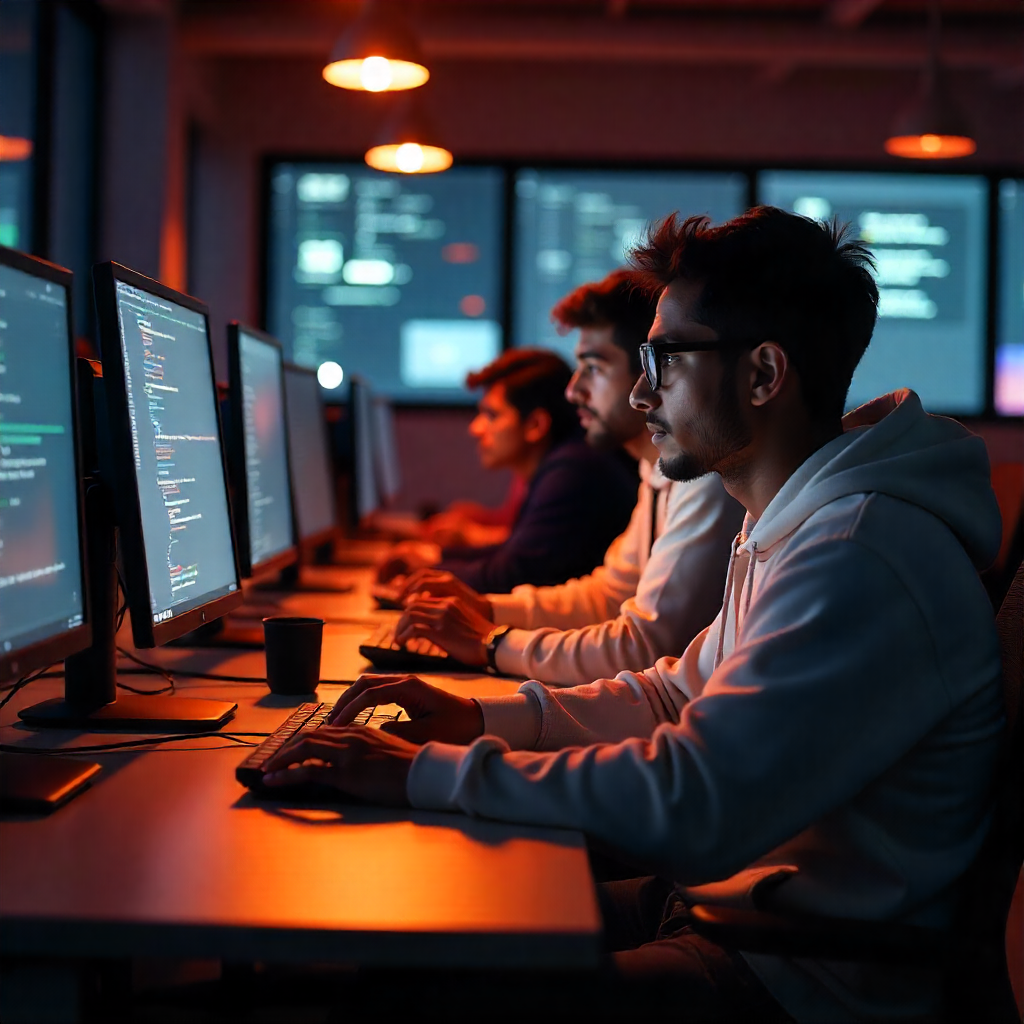 A group of young Indian software engineers at their desks A group of young Indian software engineers at their desks