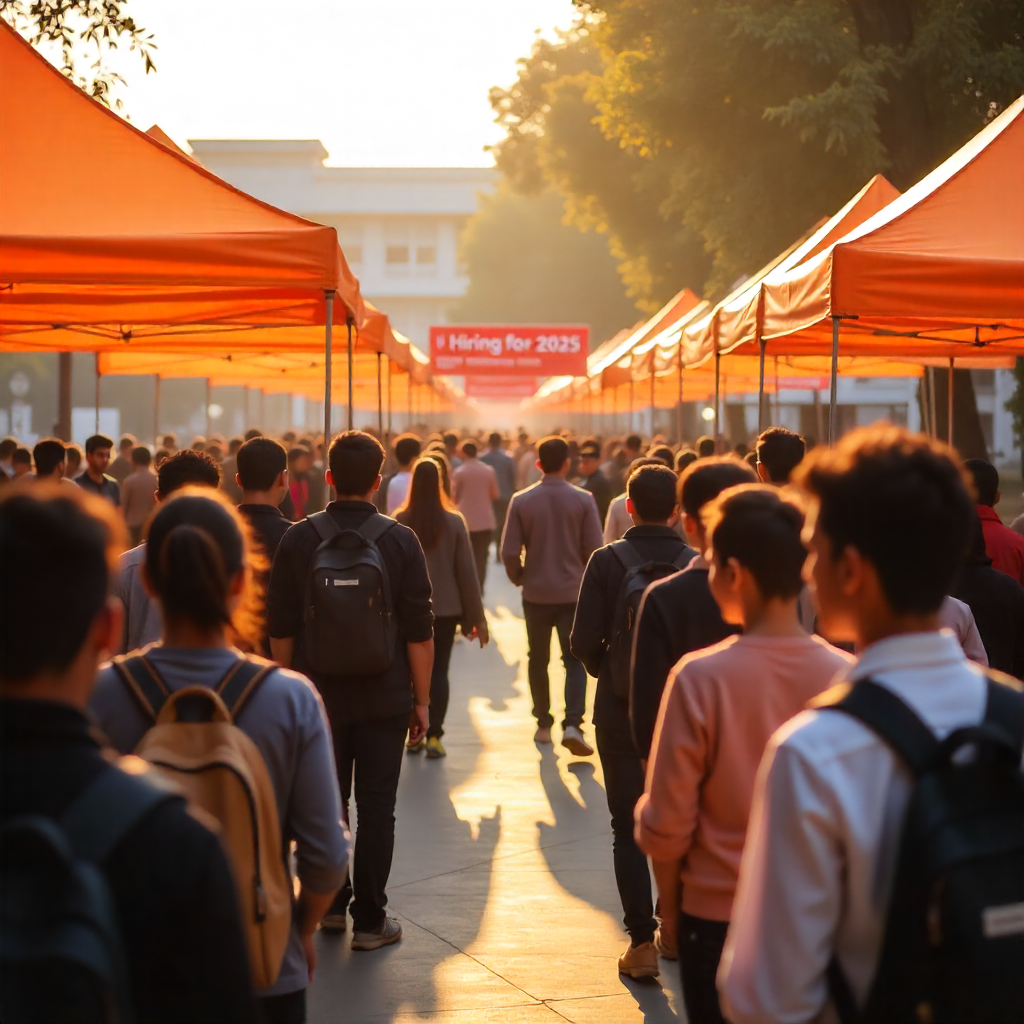 Capgemini campus recruitment drive with students gathered under tents at an engineering college