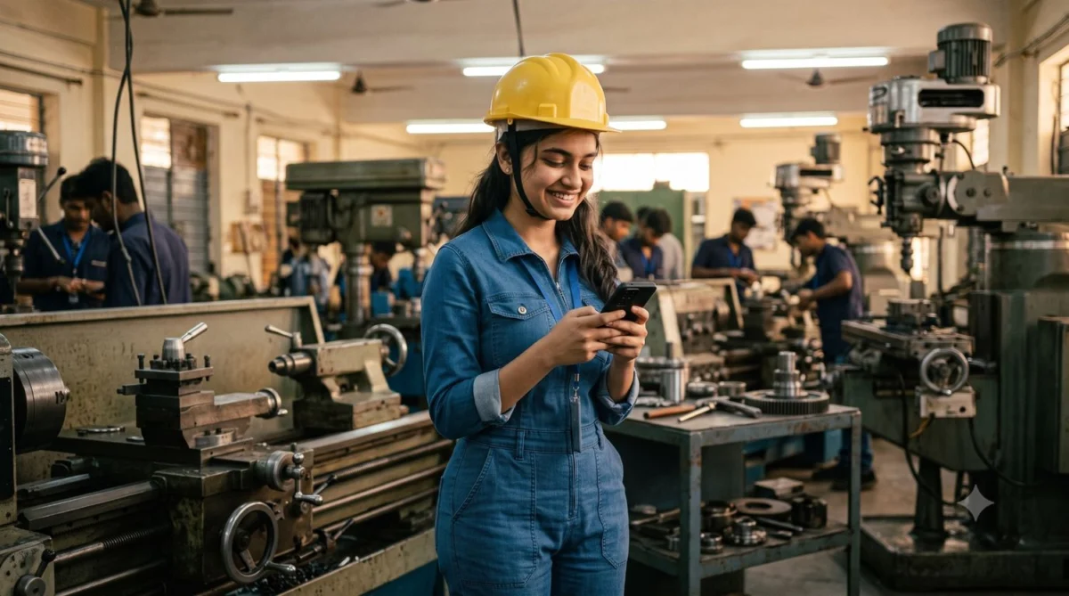An ITI female student checking NCVT ITI Result on smartphone inside workshop with direct marksheet download guide on Info-ITI