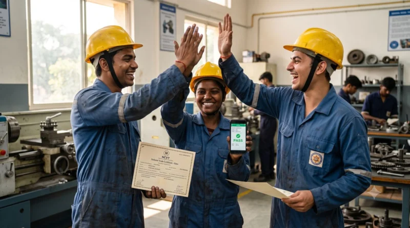 Candid photo of happy Indian ITI graduates holding their NTC certificates, smiling in a workshop environment.