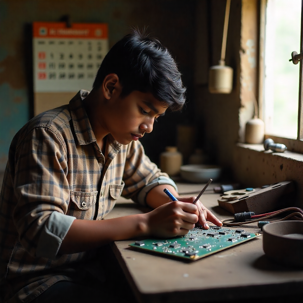 Rustic workshop, soldering a circuit board with intense focus.