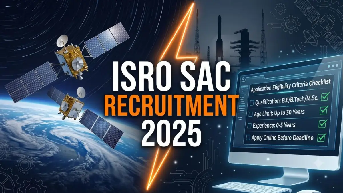 ISRO SAC Recruitment 2025 official career banner showing Indian satellite in orbit and space center launcher silhouette.
