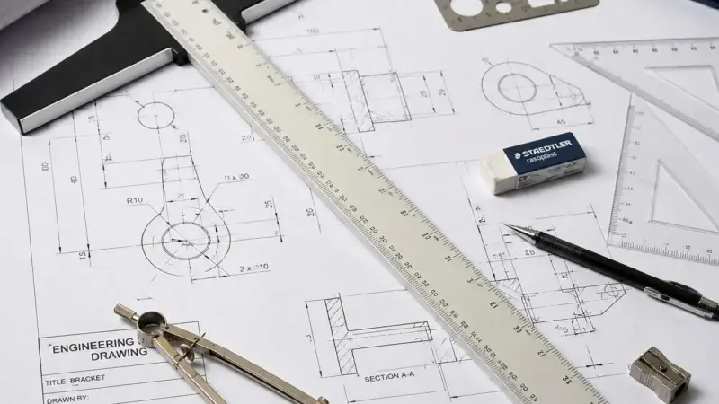 Engineering Drawing Tools for ITI Supplementary Examination Preparation T-square, compass, set squares, and engineering drawing sheet used by ITI students preparing for the ITI Supplementary Examination.