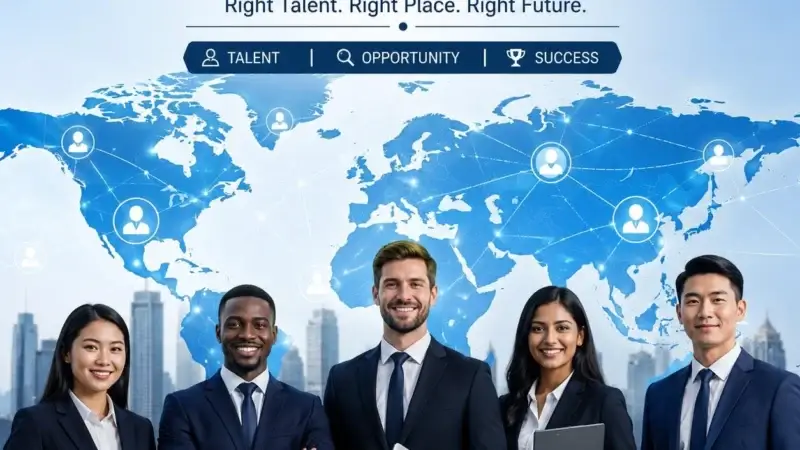Diverse business professionals representing global recruitment with a world map, talent network, and international hiring concept.