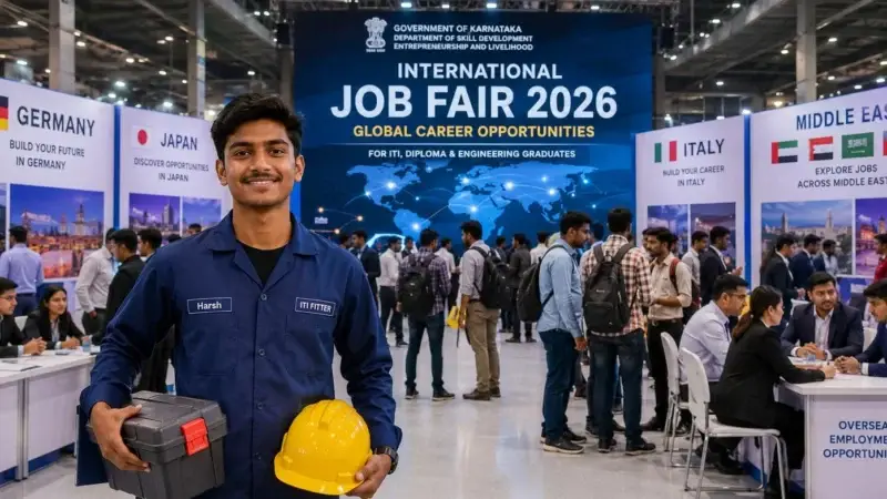 Young ITI Fitter student attending Karnataka International Job Fair 2026 with recruiters from Germany, Japan, Italy and Middle Eastern countries.