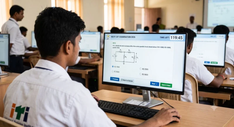 NCVT CBT Exam 2026 computer monitor screen showing electrical circuit diagram MCQ question and timer