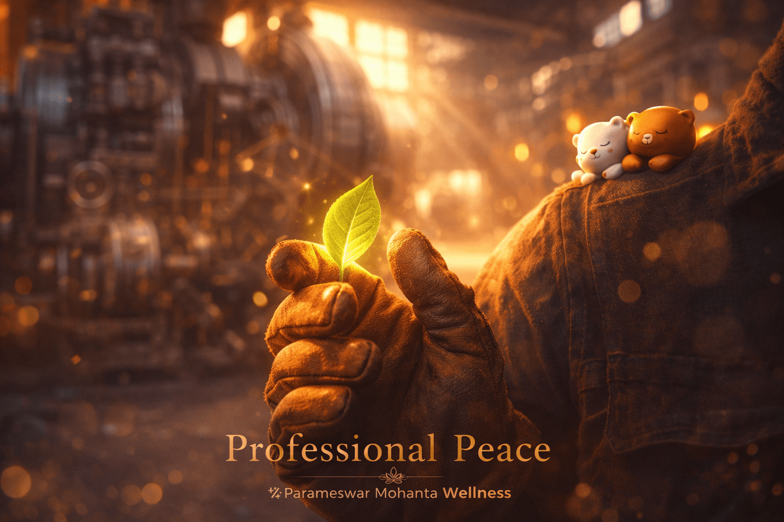 Finding Inner Calm in the Industrial World - The Path to Professional Peace Conclusion - Professional Peace and Mental Health Awareness for ITI Professionals 2026 showing worker's hand holding glowing green leaf with industrial machinery background