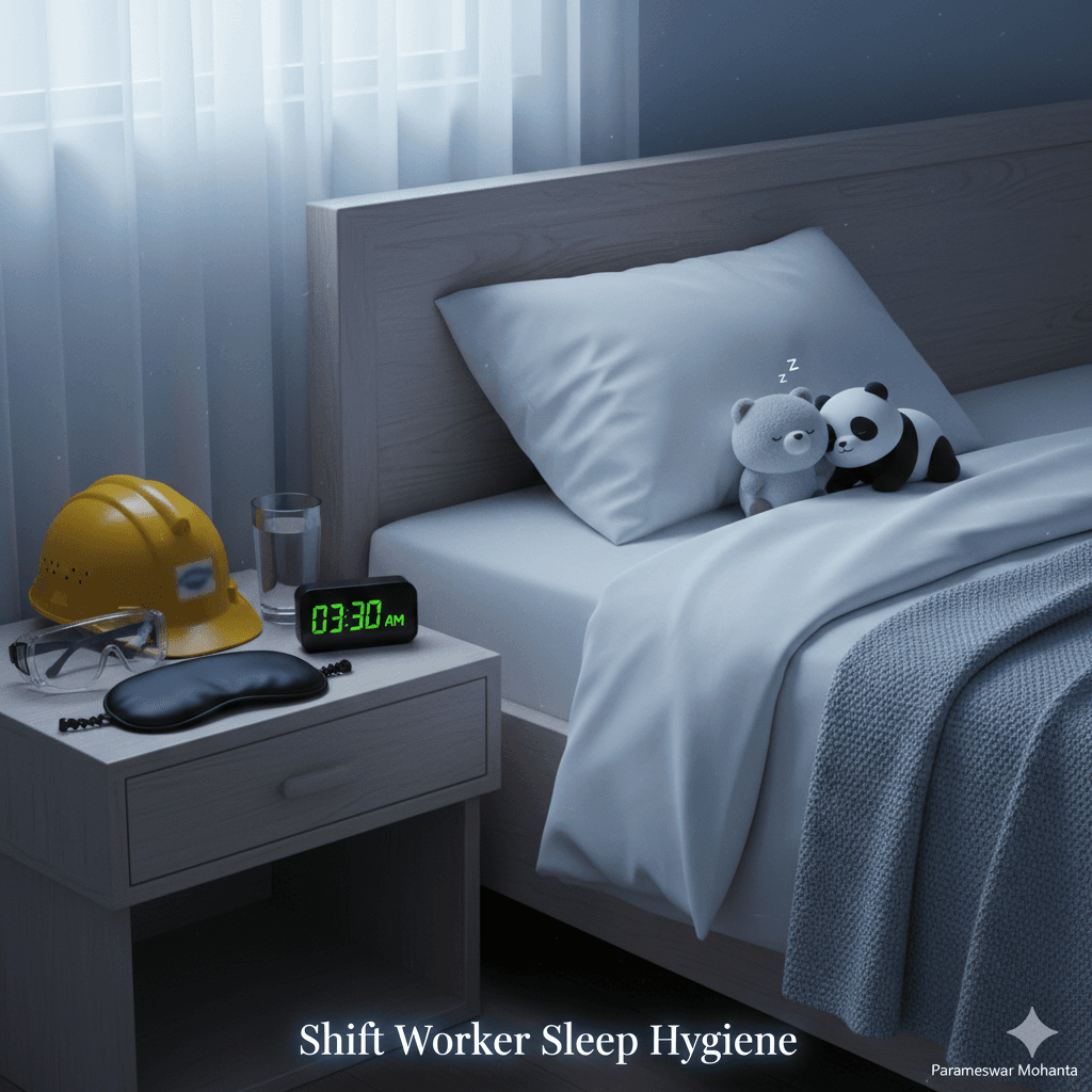Optimizing Sleep Cycles for Enhanced Worker Wellness - Shift Worker Sleep Guide Sleep Hygiene for Industrial Shift Workers - Mental Health Awareness 2026 showing safety helmet, sleep mask, and peaceful bedroom setup