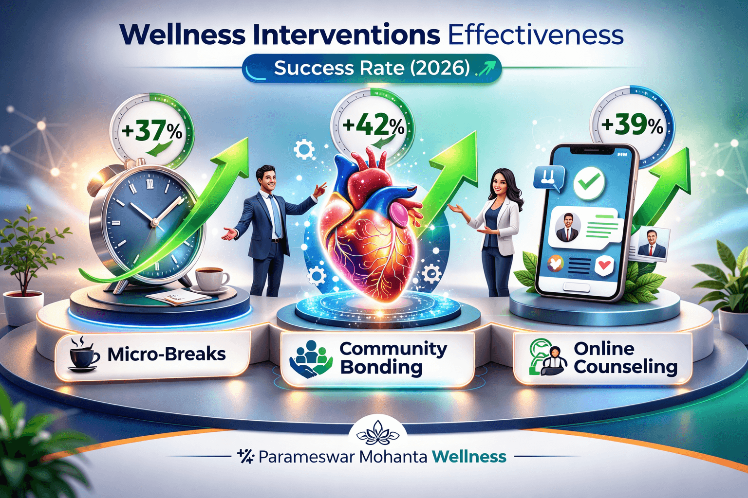 Proven Strategies for Industrial Worker Wellness - 2026 Intervention Effectiveness Data Effectiveness of Mental Health Wellness Interventions 2026 - Data Visualization showing Micro-Breaks, Community Bonding, and Online Counseling with success rates