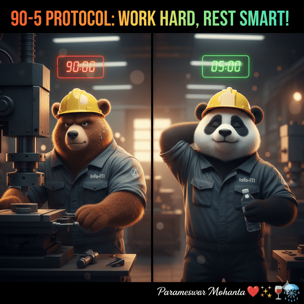 Bubu and Dudu illustrating the 90-5 time management protocol for peak focus and efficiency in the workshop