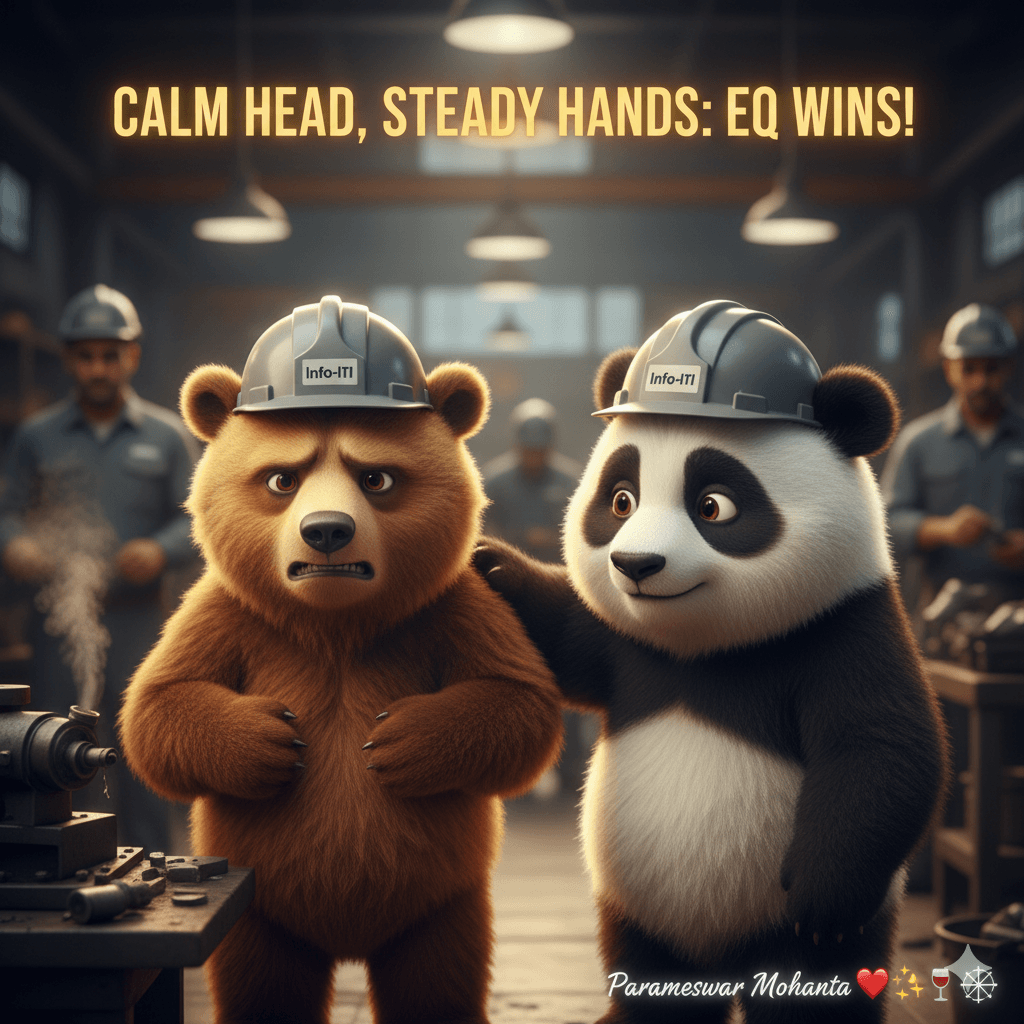 Bubu and Dudu demonstrating emotional intelligence and calm conflict resolution in a stressful workshop