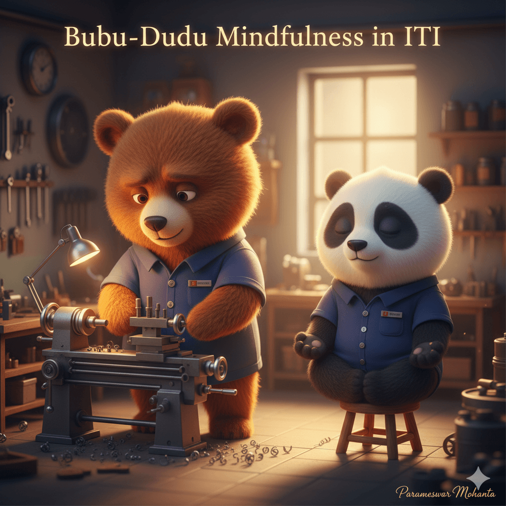 Achieving Inner Peace Amidst Industrial Noise - Mindfulness Techniques for Workshop Workers Bubu and Dudu Mindfulness in ITI Workshop - Stress Management for Industrial Professionals with Bubu working on lathe and Dudu meditating