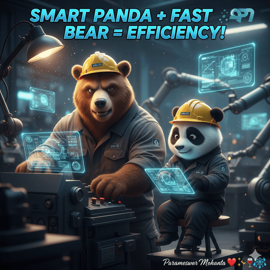 Bubu and Dudu collaborating with digital literacy and strength in a smart factory, demonstrating AI-human partnership