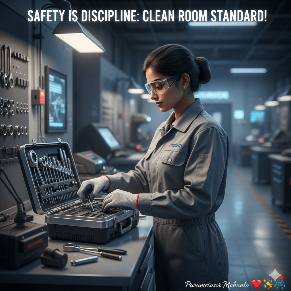 Female industrial worker maintaining a spotless, organized, and safe workstation, demonstrating high safety ethics