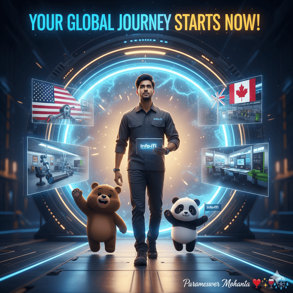 Indian ITI graduate embarking on a global career journey, empowered by Info-ITI and professional soft skills