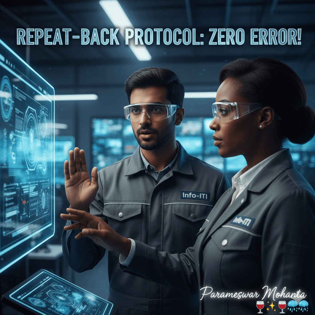 Two industrial workers practicing the 'Repeat-Back' protocol for error-free communication in a USA factory