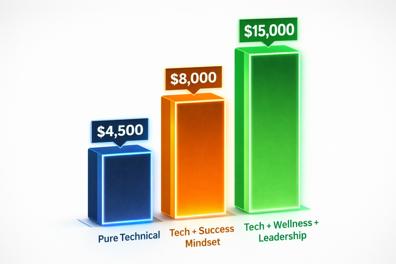 Bar chart correlating Worker Wellness and Leadership with $15,000 monthly salary in USA