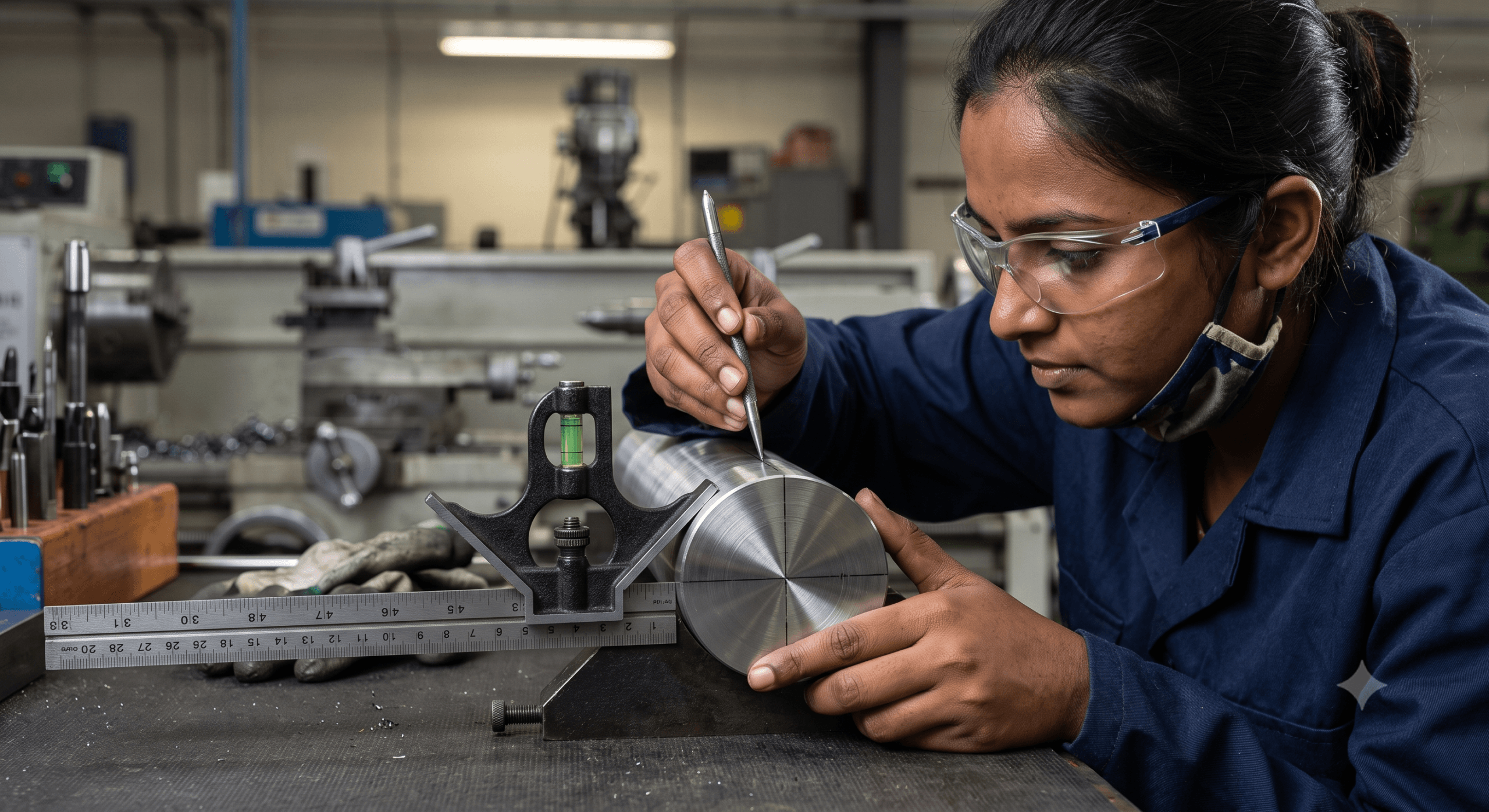 Finding Cylindrical Center Axis Using Center Head Attachment An Indian technician using the center head of a combination set to locate a round bar axis.