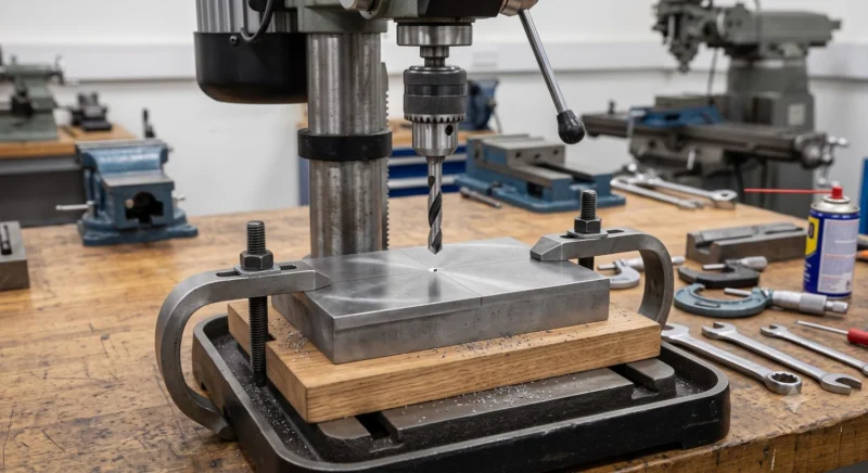 90 degree center punch mark providing a steady seat for a twist drill bit on a polished steel block.