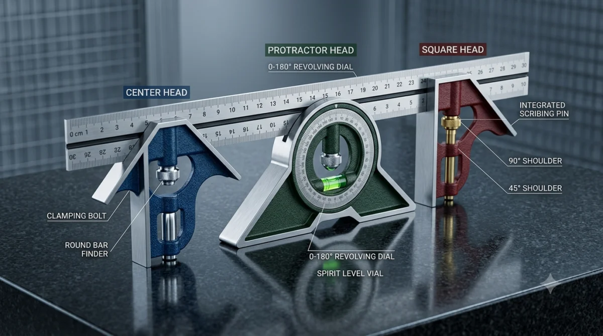 Combination Set Parts and Uses showing Center Head, Protractor Head, and Square Head on Steel Rule