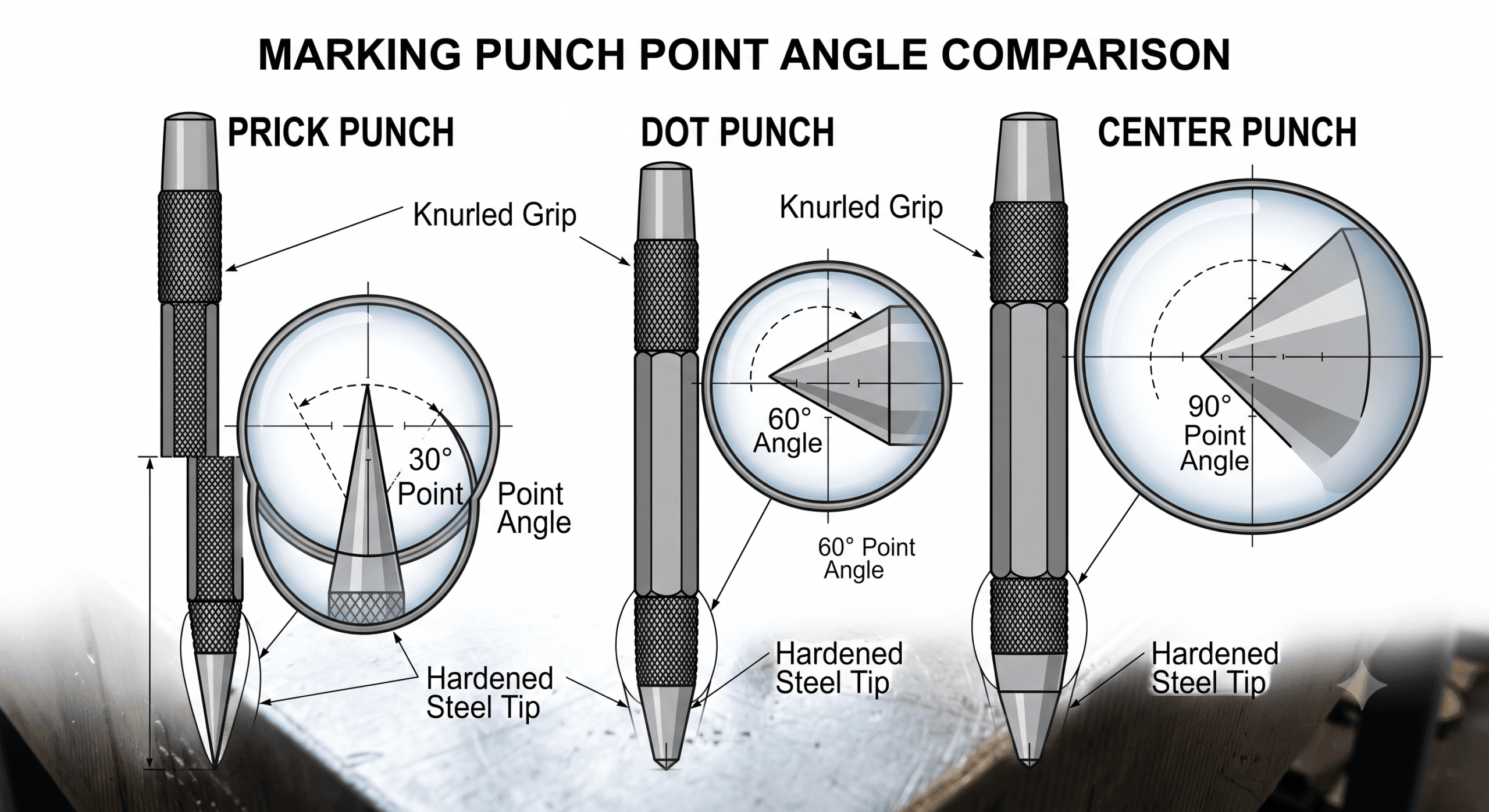 Technical engineering diagram showing point angles of prick punch 30 degrees, dot punch 60 degrees, and center punch 90 degrees. Types of punch in marking tools