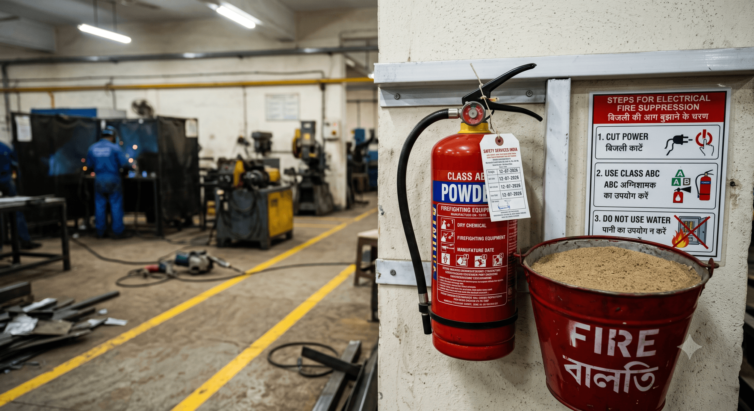 Industrial Fire Extinguisher Station - Info ITI Occupational health and safety fire extinguisher mounted in an engineering workshop, Industrial fire extinguisher staion visuals.