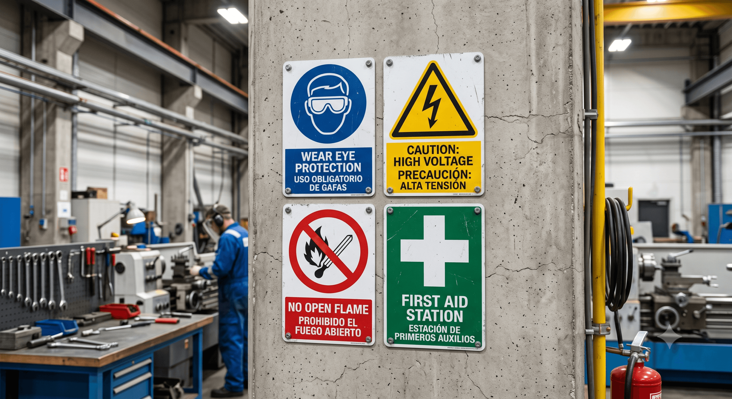 Industrial Safety Signs Matrix - Info ITI Occupational health and safety signs illustrating yellow warning triangles and blue mandatory circles safety signs.