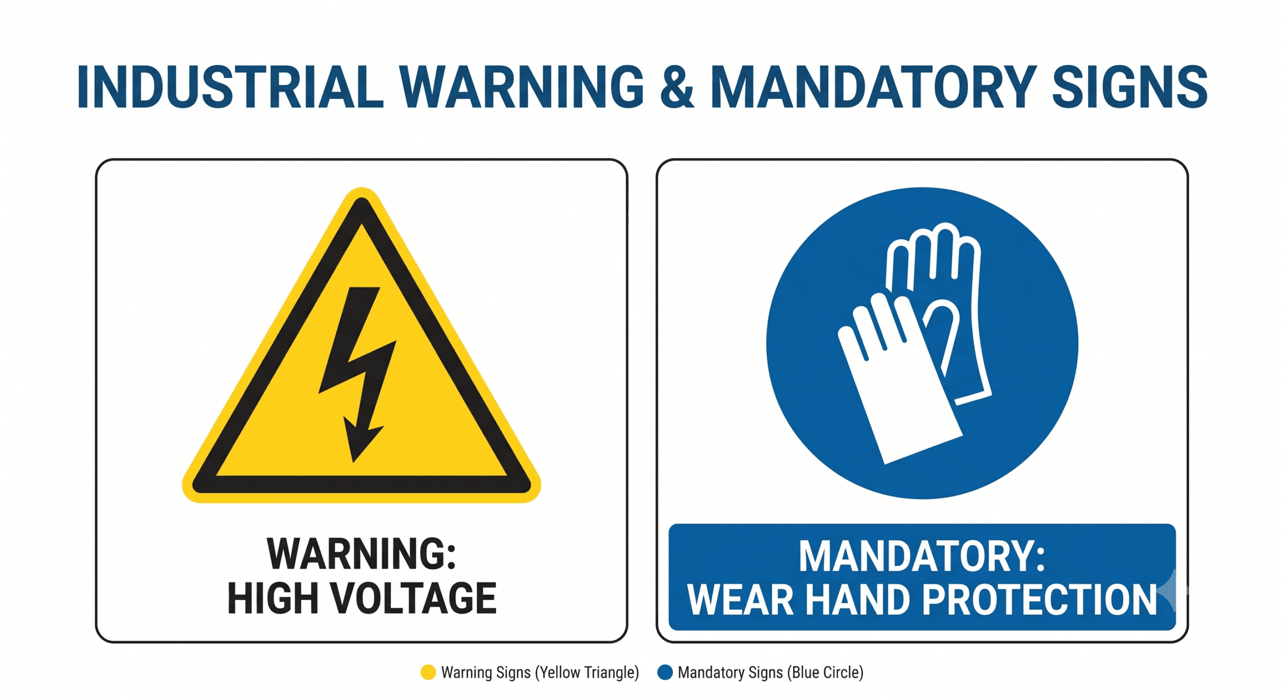 Industrial Safety Signs Matrix - Info ITI Occupational health and safety signs illustrating yellow warning triangles and blue mandatory circles.