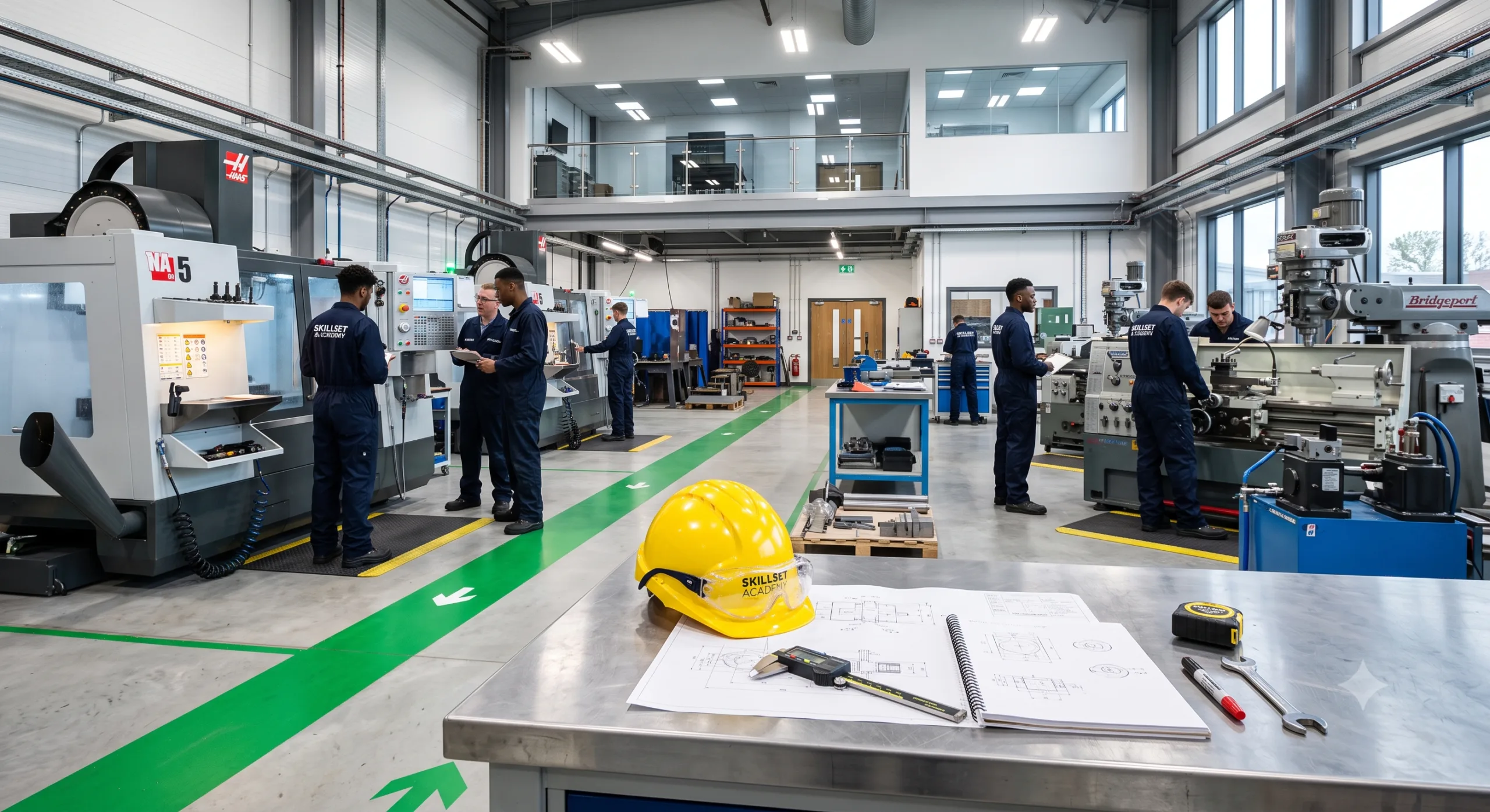 Occupational health and safety protective helmet and safety glasses on an engineering workshop table.