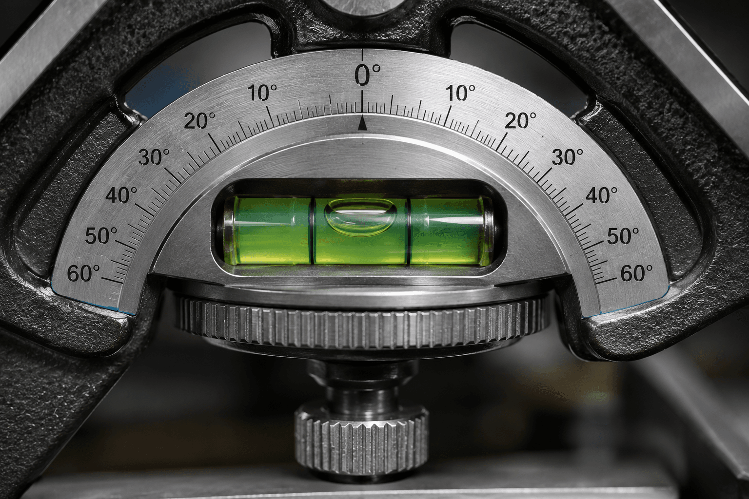 Checking Angular Accuracy With Protractor Head Spirit Level Close-up of the accuracy of protractor head dial scale markings and the integrated green spirit level glass chamber.