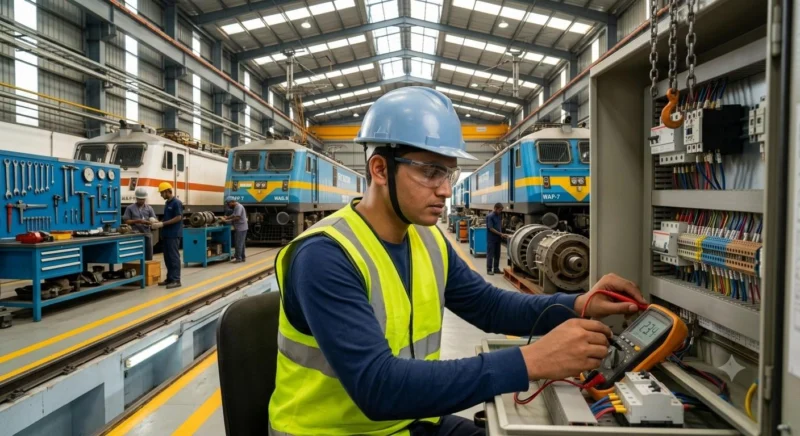 Railway ITI Apprentice Eligibility & Trade Training Railway ITI Apprentice Recruitment 2026 electrician candidate inspecting electrical panel