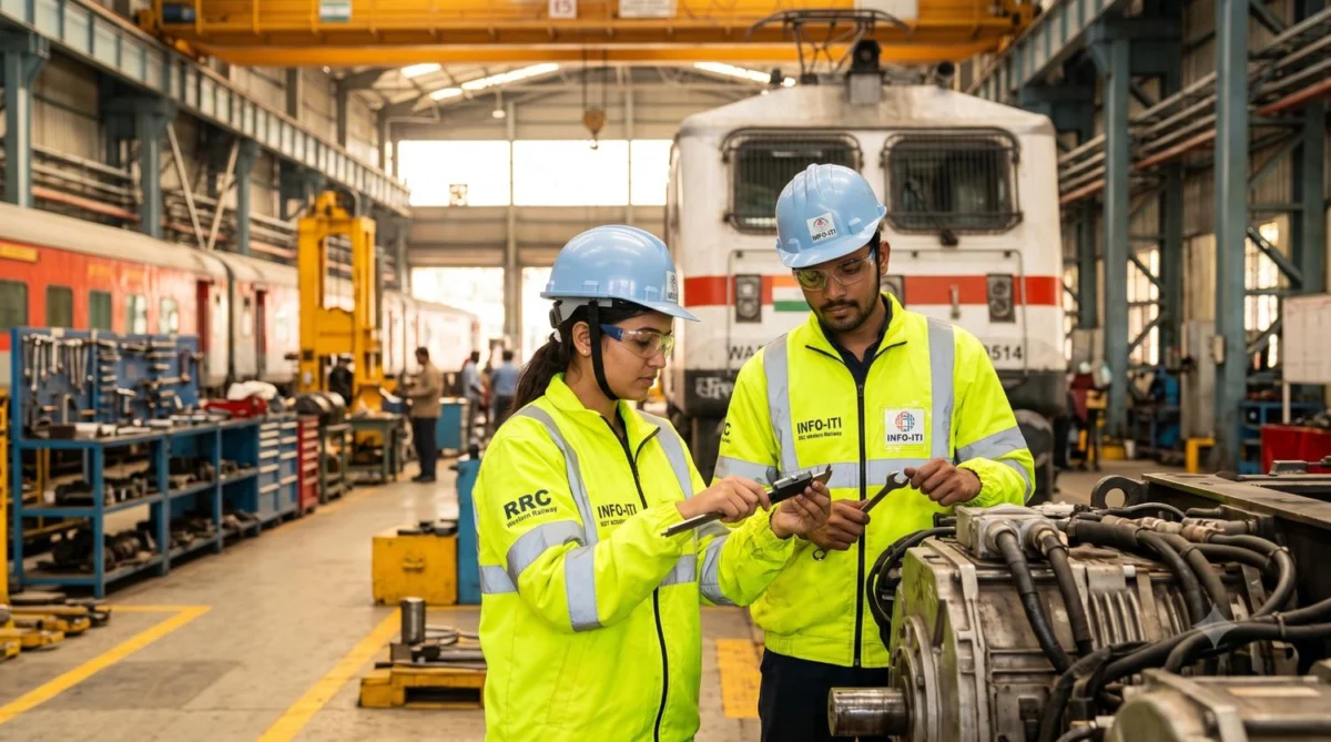 Railway ITI Apprentice Recruitment 2026 technical trainees inspecting an electric locomotive engine