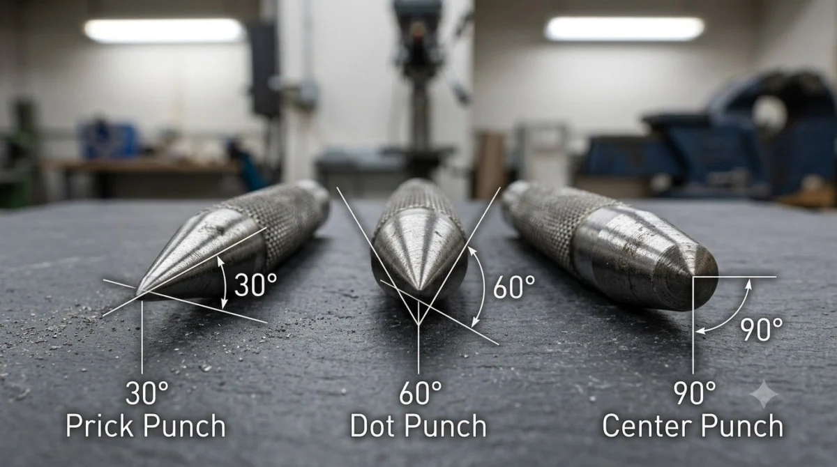 Comparative layout guide showcasing various types of punch in marking tools including 30 degree prick punch, 60 degree dot punch, and 90 degree center punch.