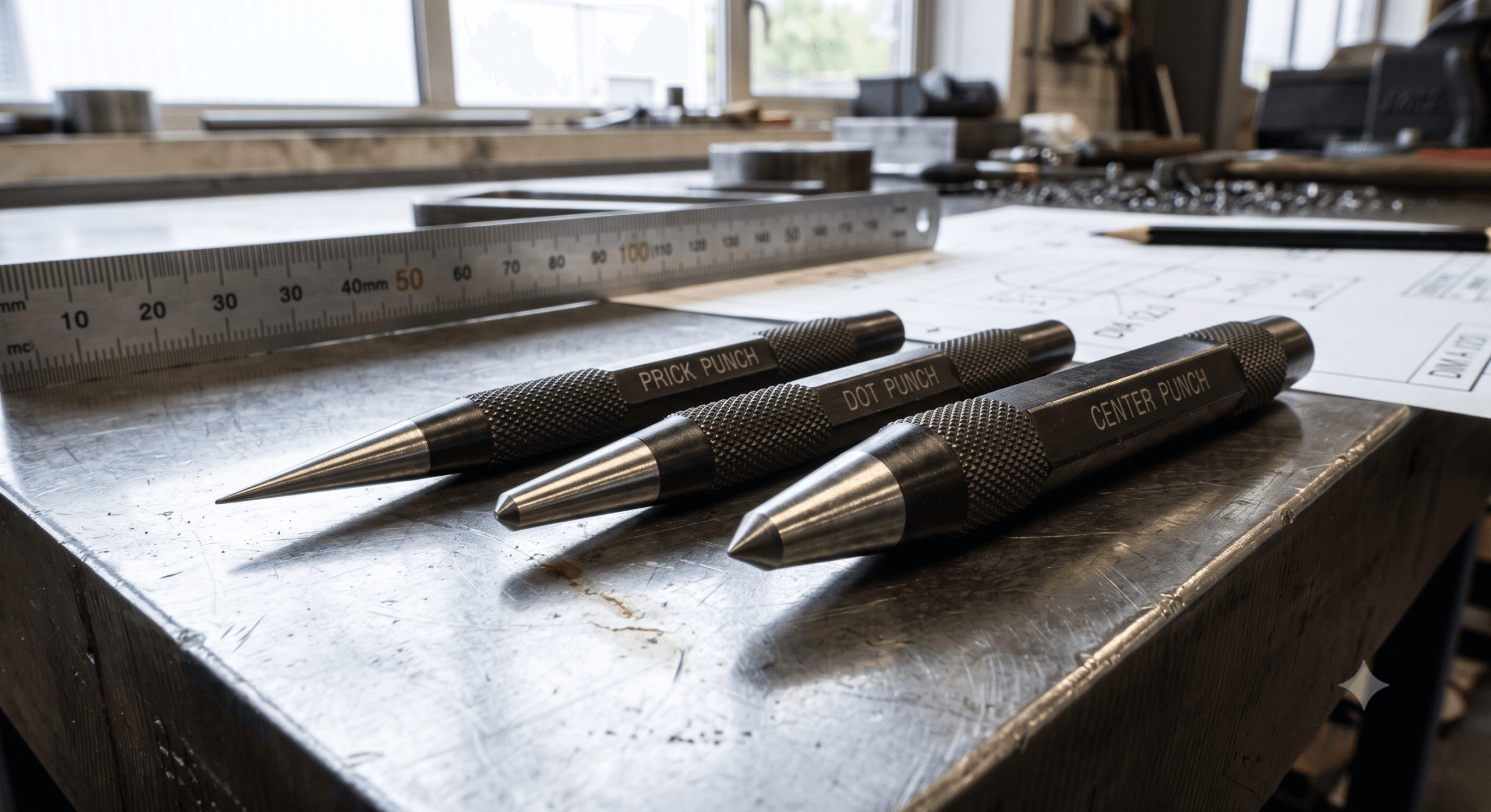 Three types of engineering punches including prick punch, dot punch, and center punch arranged on a steel workshop table with technical blueprints.