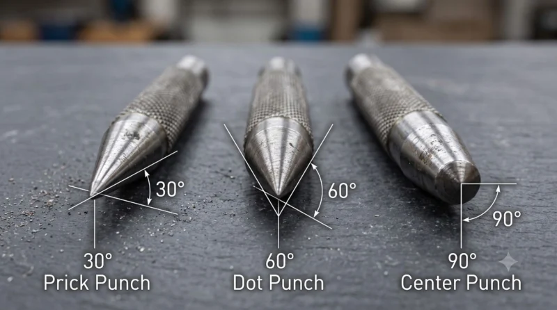 Diagram showing prick punch 30 degree, dot punch 60 degree, and center punch 90 degree point angles.