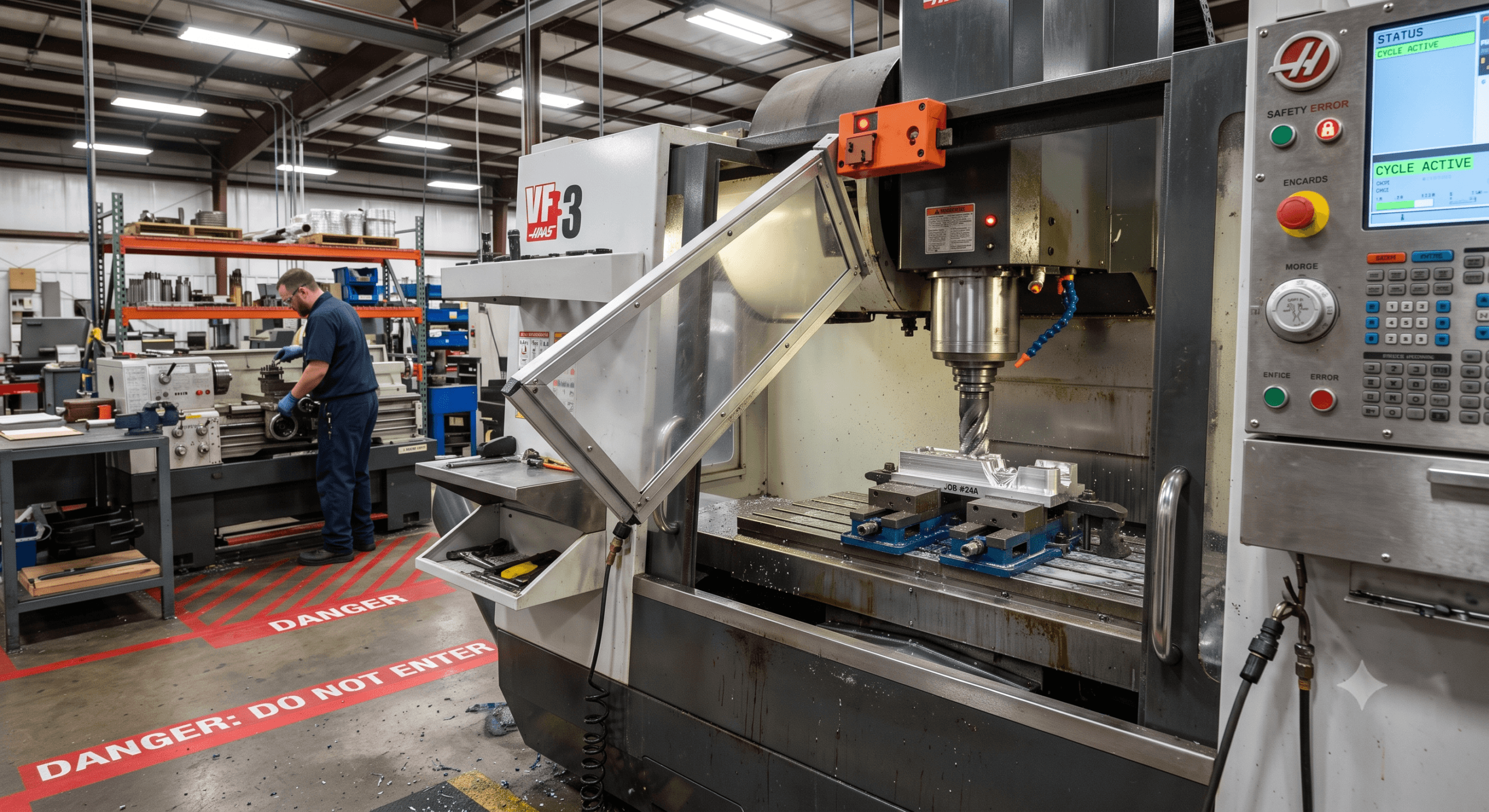 Workshop Hazards and Industrial Risks - Info ITI Occupational health and safety hazard analysis showing machinery with open safety guards in a workshop. Workshop Hazards and Elecrtical risk visuals.